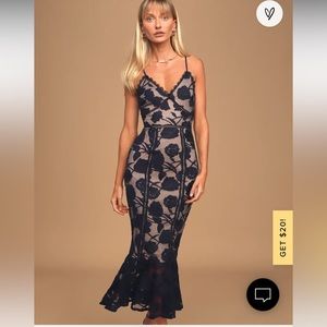 Alluring Dream Navy Blue Floral Mesh Lace Trumpet Midi Dress